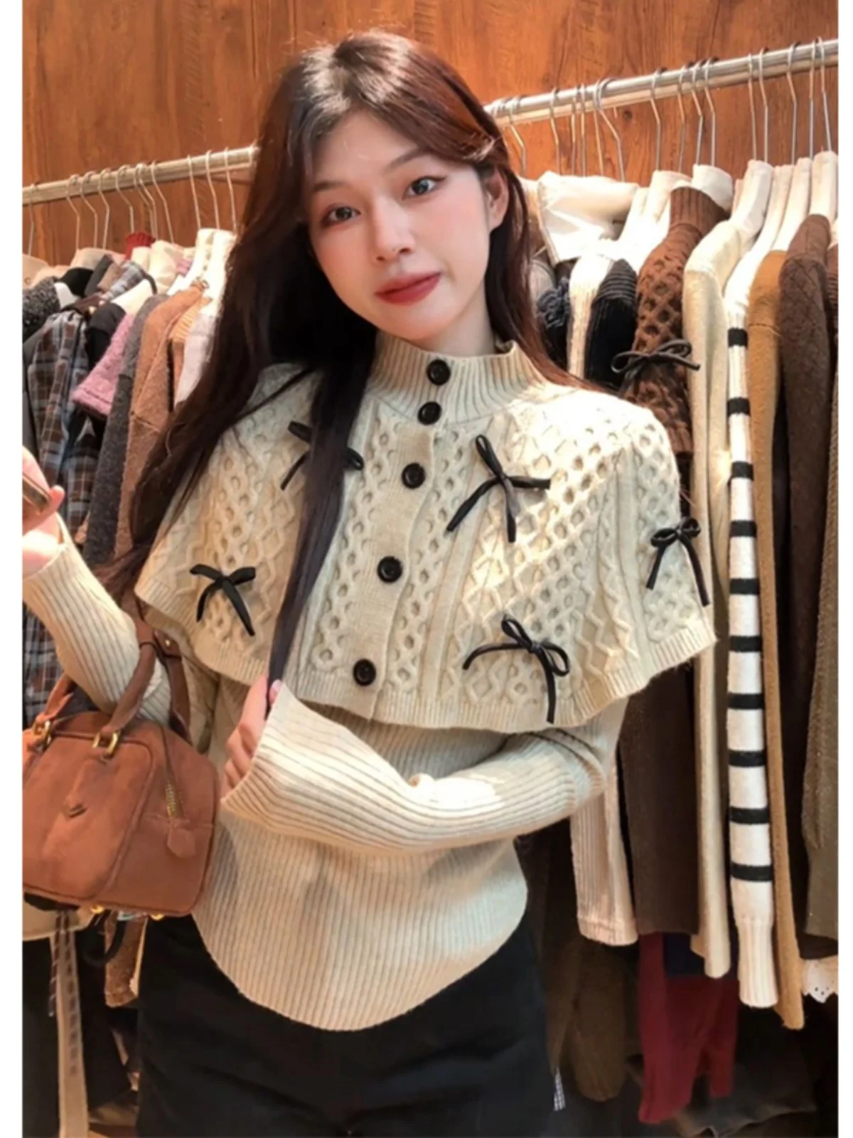 Bow Turtleneck Twist Knit Women Autumn and Winter Slim fit Soft Glutinous Sweater Design Sense Poncho Long sleeve Base Top