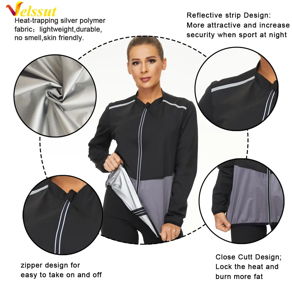Velssut Sauna Jacket for Women Weight Loss Long Sleeve Workout Top Hot Sweat Sportwear Fitness Body Shaper Slimming Fat Burning