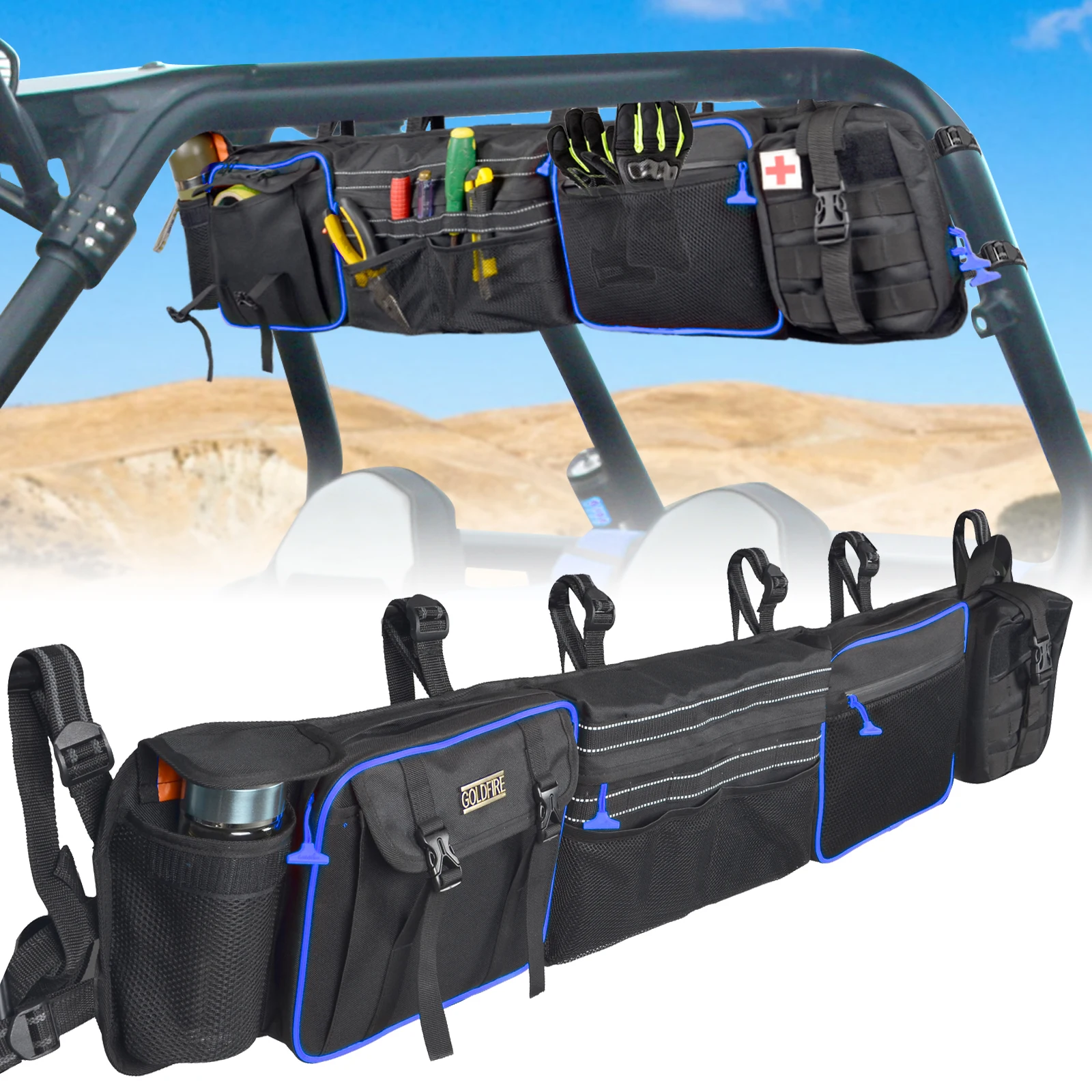 UTV Large Roll Cage Organizer Cargo Rear Storage Bag Gear Bags First Aid Pouch with Reflective Strip For Most Full Size UTVs