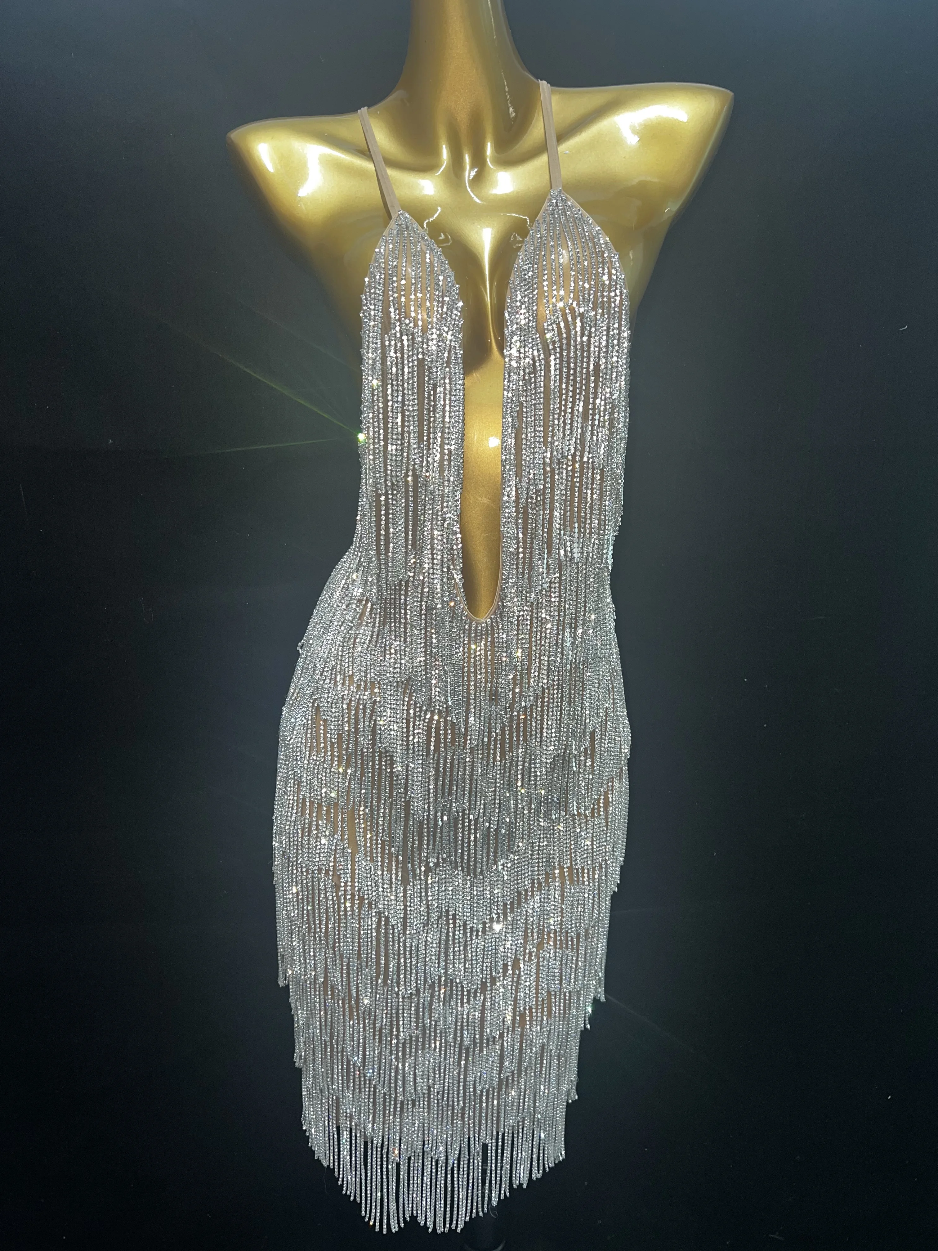 

Bling Silver Crystals Tassels Transparent Deep V-Neck Backless Dress Fashion Sexy Transparent Performance Outfit Costume