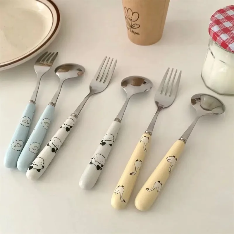 Kawaii Sheep Duck Stainless Steel Dessert Ice Cream Spoon Portable Fruits Salad Cake Fork Ceramic Party Buffet Dinnerware Set