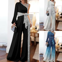 2pcsset trendy skin touching long sleeve one shoulder top patchwork shiny pants set for office casual outfit women outfit