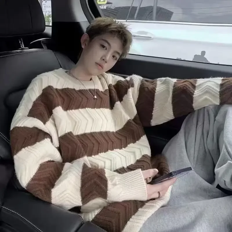 Полосатый мужской свитер повседневный стиль в консервативном стиле свободный