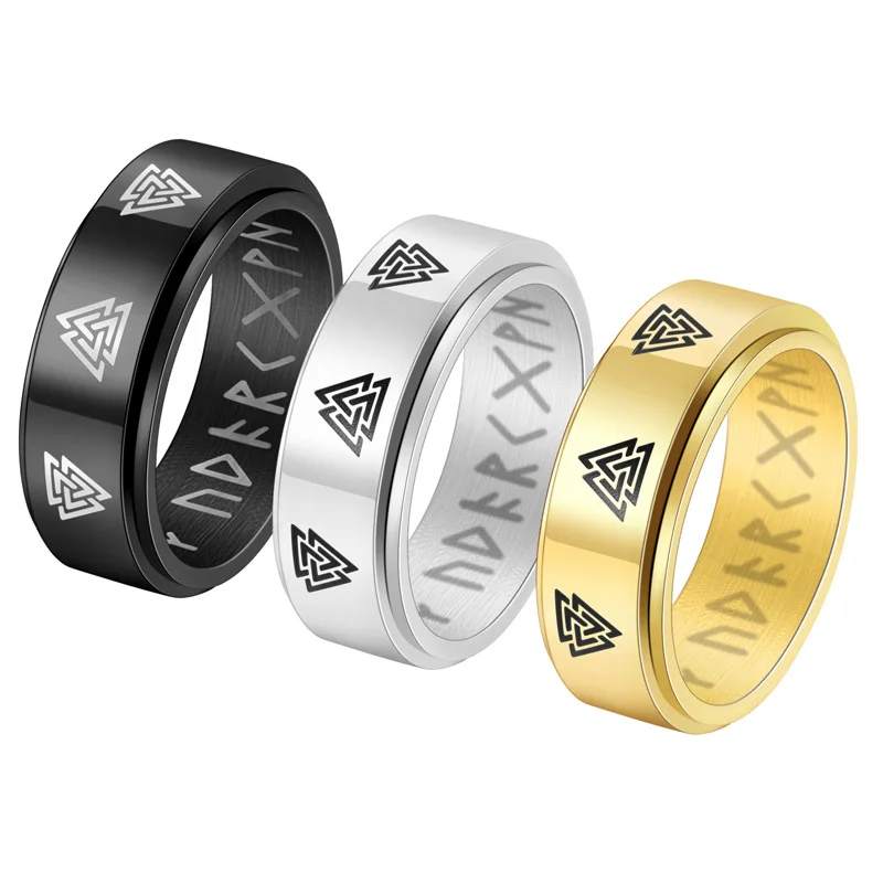 

BAECYT 8mm Vintage Nordic Viking Ring Men Women Silver Color/Black/Gold Stainless Steel Rotatable Rings Jewelry Gift Wholesale