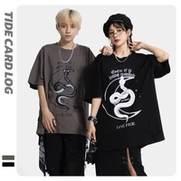 2022 new hip hop clothing snake and moon print t shirt cotton casual couple clothing round neck hole short sleeves tops tees