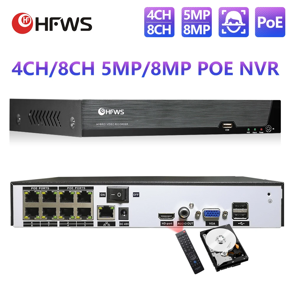 HFWVISION 4 Channels/8 Channels Security Camera System 5mp/8mp Poe Nvr Video Recorder Surveillance Cctv Security Protection dvr