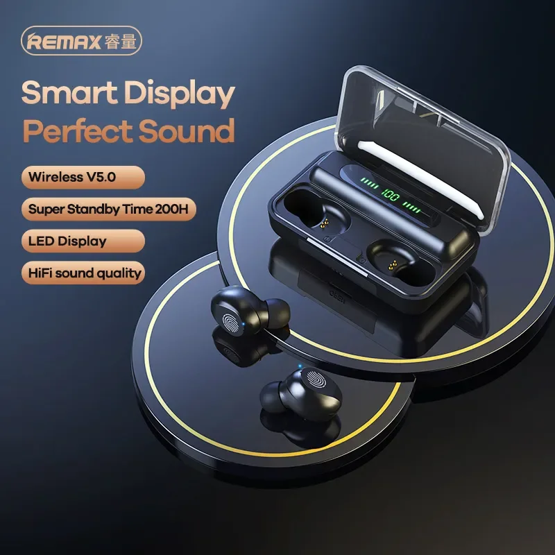 

Remax Earpones Bluetooth Wireless Earbuds TWS-43 HiFi Stereo Headset Super Standby Time LED Display For Phones