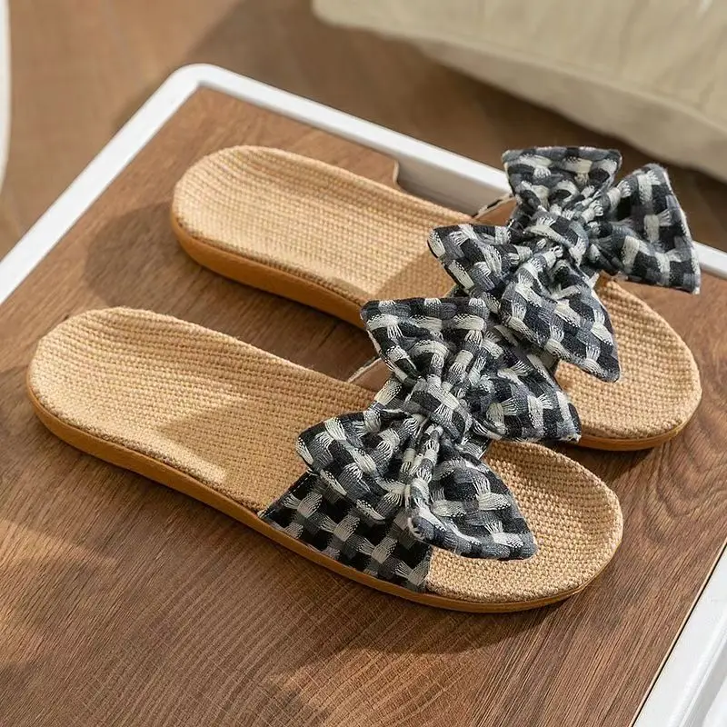 Женские домашние льняные тапки с бантом мягкая подошва Нескользящие без запаха