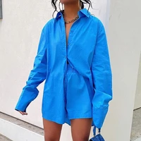 womens set blue suit 2022 casual loose long sleeve shirt summer tops mini shorts fashion tracksuit two piece set women outfits
