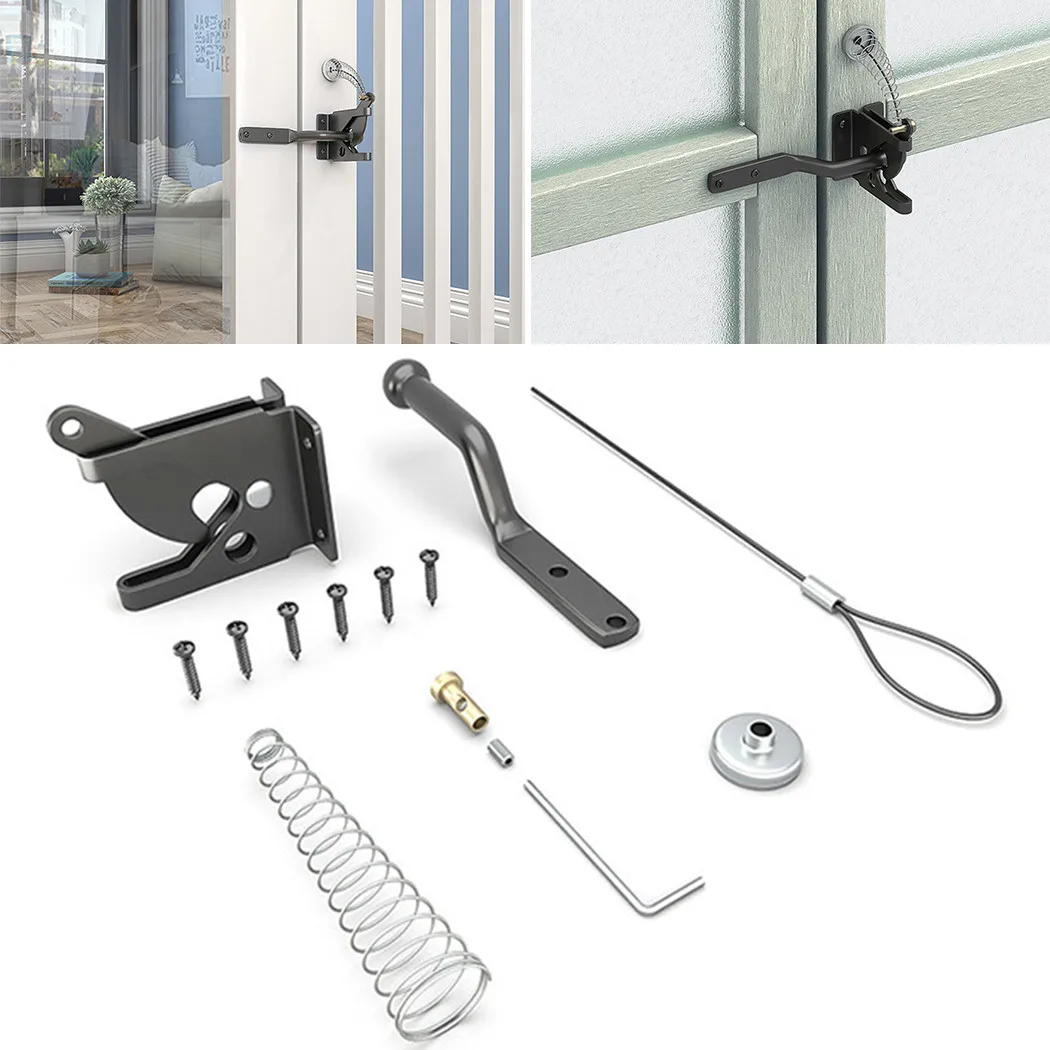 

HEAVY DUTY Automatic Gate Latch Fence Door Latch Buckles With Rope Lockable Gate Spring Zipper Auto Pad Lock Black Home Hardware