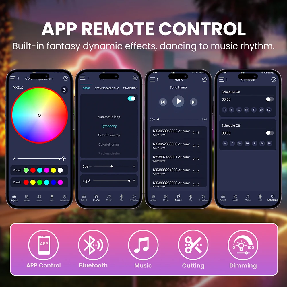 Фото Светодиодная лента 360° Round 5V USB Bluetooth WS2812B Rainbow RGB, гибкая неоновая лента из нейлона, с пультом дистанционного управления на 24 кнопки, водонепроницаемая. №5