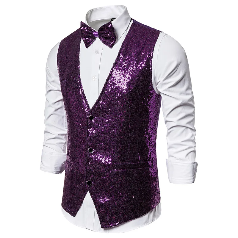

Men's Purple Sequins Shiny Suit Vest Slim Fit DJ Nightclub Sleeveless Waistcoat Party Wedding Tuxedo Vests Stage Singers Clothes