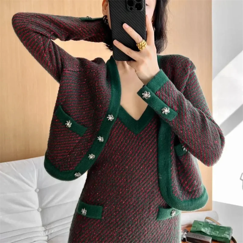 2 Piece Sets Women Outfits Fall Winter Long Sleeve Top Cardigan Knitted Short Sweater Tops+striped Strap Long Dress Suits Mujer images - 6