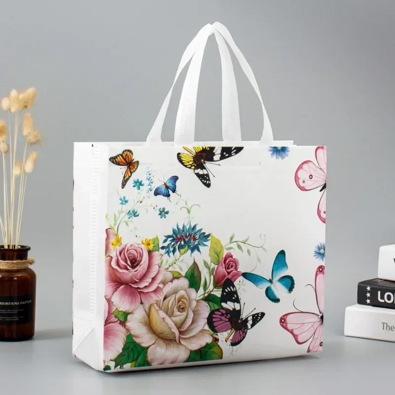 

Flower Print Grocery Shopping Bag Non-woven Fabric Eco Bag Travel Takeaway Storage Bag Folding Bag Reusable Shopping Pouch