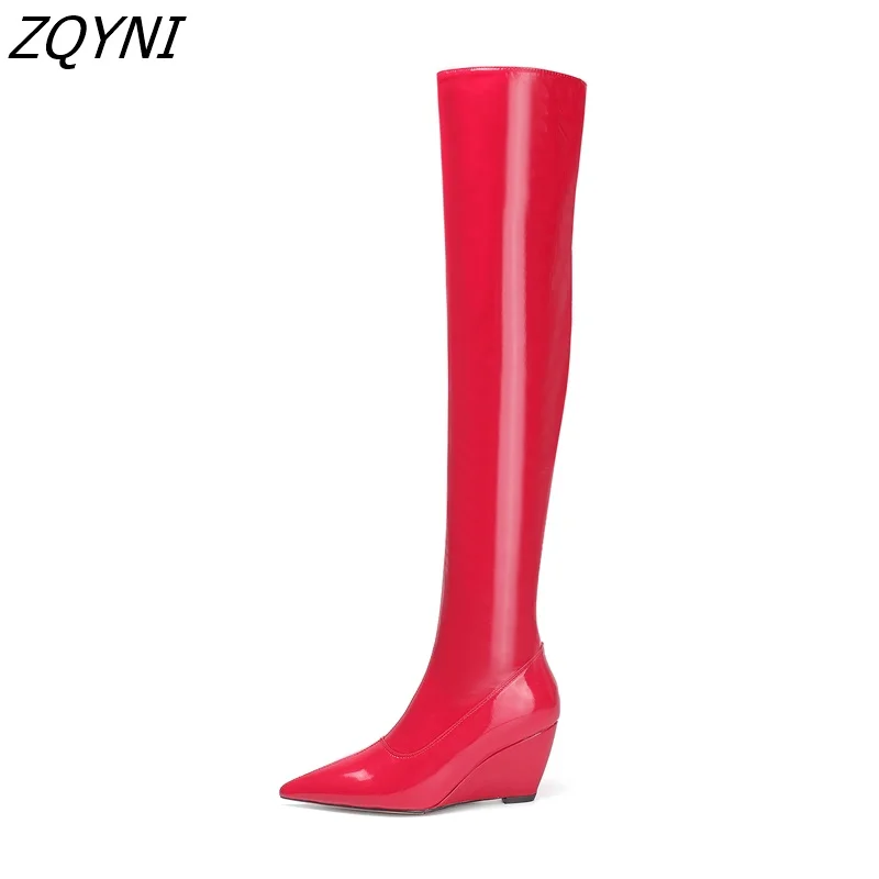 

Zqyni elegant Patent Leather Knee Boots women's shoes elegant solid color pointed toe shoes size 33-46