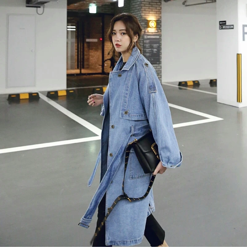 

Женский свободный облегающий джинсовый тренчкот, однобортный длинный тренчкот в Корейском стиле, осень 2023