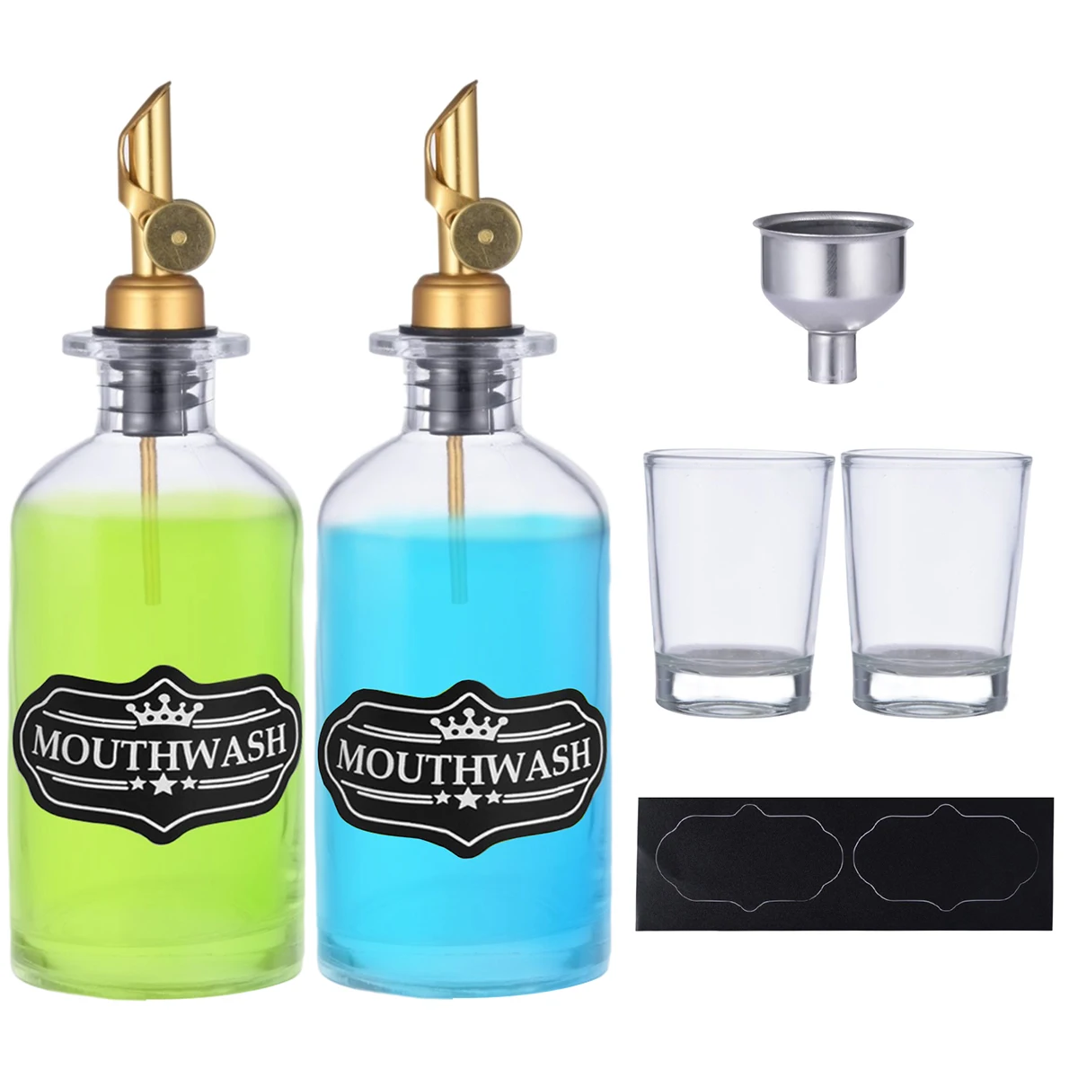 

350ml Mouthwash Dispenser Set Refillable Clear Glass Mouthwash Container with Pour Spout Shot Glass Funnel and Labels