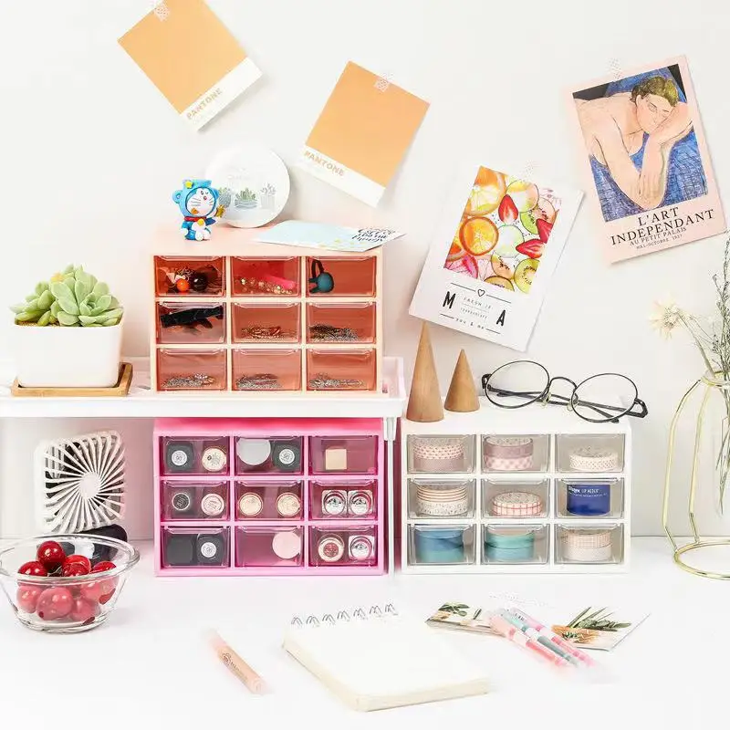 

Органайзер для хранения с 9 ящиками, настольный органайзер с 9 градиентными прозрачными ящиками в мини-шкафах, пластиковая шкатулка для ювел...