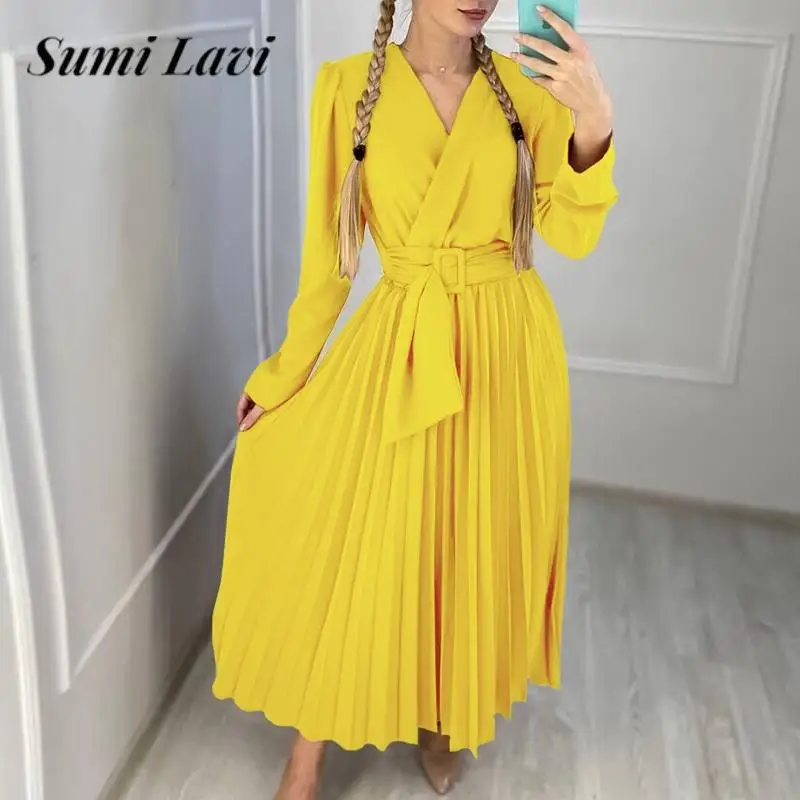

Simple Solid Color Long Sleeve Pleated A-Line Dress Autumn V Neck Belt Waisted Dress Fashion Elegant Women High Waist Long Dress