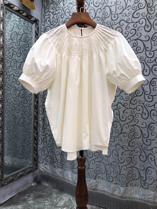 

2022 new women fashion short-sleeved leader mouth pleated decorative round neck solid color all-match top 729