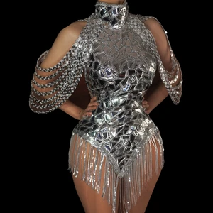 Shining Silver Sequins Backless Bodysuit Sexy Tassel Leotard Dance Costume Nightclub Outfit Performa in Pakistan