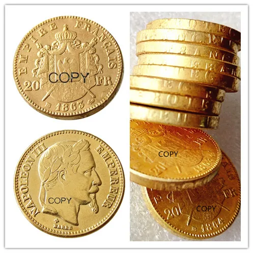 Франция 20 Франк 1863B позолоченная КОПИЯ монета Франция 20 Франк 1863B позолоченная КОПИЯ монета
