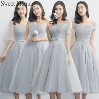 j161 grey bridesmaid dresses blue pink tulle robe women girl lace up graduation homecoming gown bride guest wedding dress