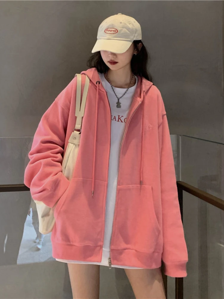 Deeptoen Korean Style Hooded Oversized Sweatshirt Loose Women Color Solid Pink Gray Rose Red Long Sleeve Hoodie 2022 Autumn Kpop