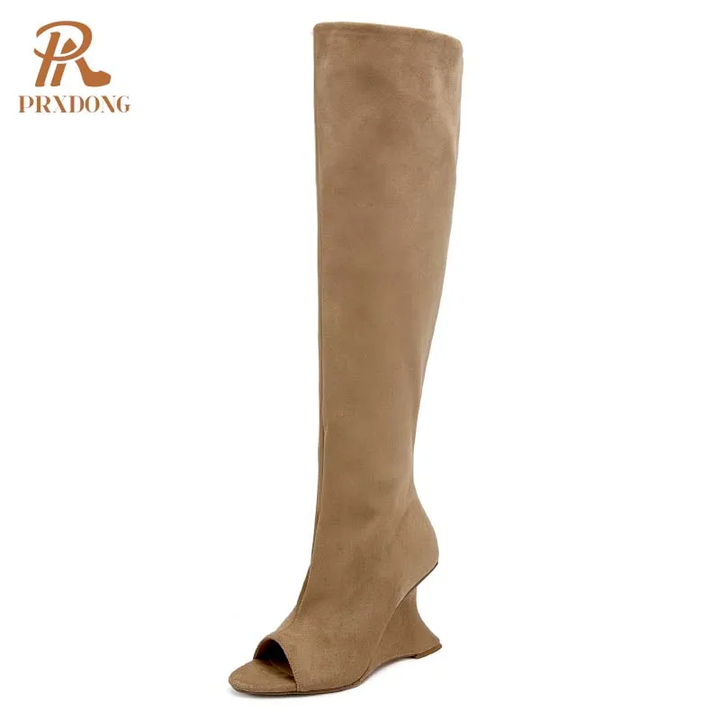 Женские сапоги на высоком каблуке PRXDONG черные или абрикосовые до колена с
