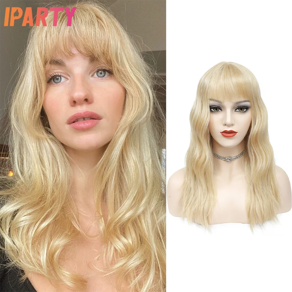 

Iparty Blonde Color Short Wavy Wig 20 Inches Synthetic Machine Heat Resistant Fibers Wigs With Bangs For Women Daily Use Party