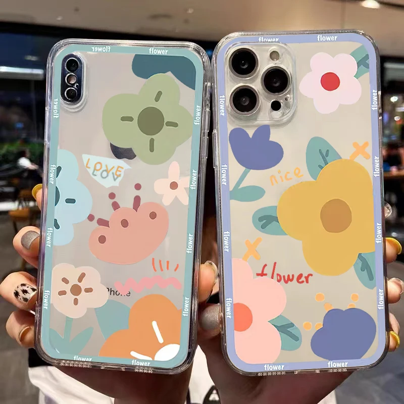 

Cratoon Colour Flower Phone Case For iPhone 13 12 Pro Mini 11 Pro Max X XR XS Max 6 6S 7 8 Plus Coque Shell Liquid Silicon Soft