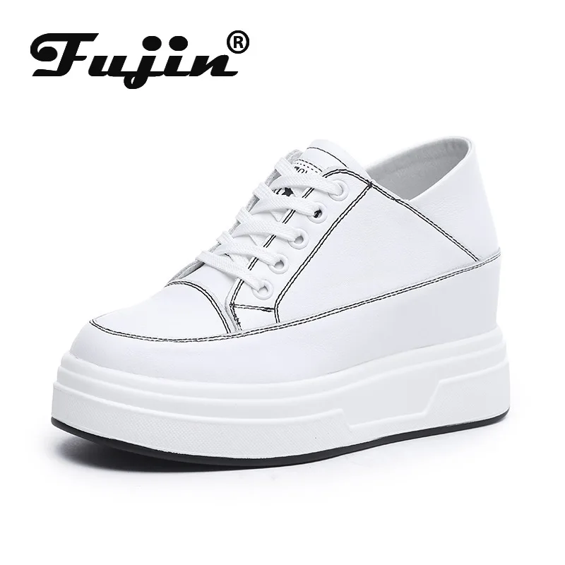 

Fujin 8cm Genuine Leather Sneakers Women Shoes Slippers White Platform Wedge High Heel Breathable Summer Shoe Women Slip on