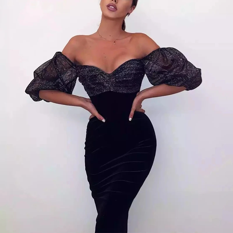 Летнее новое женское платье-боди с разрезом, черное из бархата, с открытыми плечами, короткими рукавами в стиле пуфф, сексуальное, вечернее, обтягивающее.