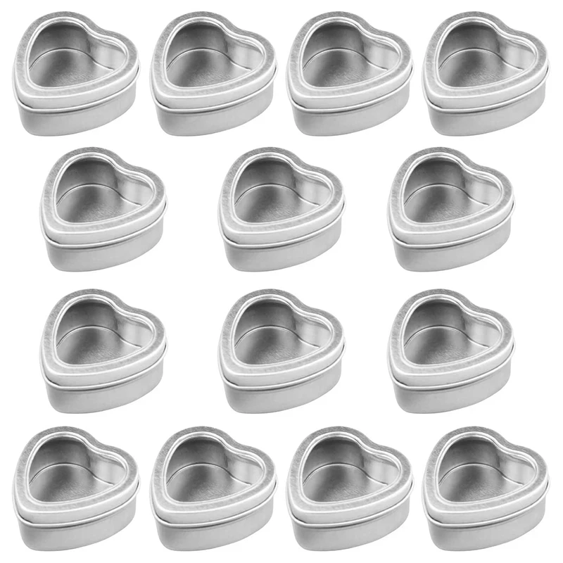 

14 упаковок пустых серебряных металлических банок в форме сердца с прозрачным окошком для изготовления свечей, конфет, подарков и сокровищ