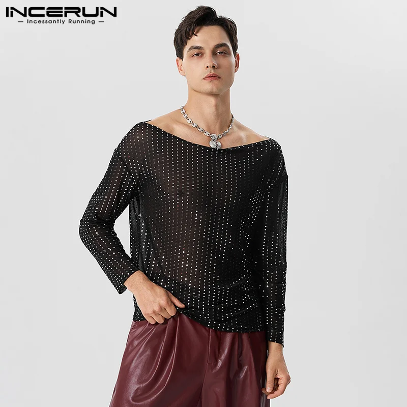 

INCERUN Men T Shirt Mesh Transparent Sequin Shiny Boat Neck Long Sleeve Sexy Tee Tops Streetwear 2023 Fashion Camisetas S-5XL