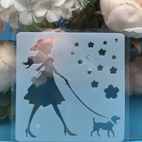 13cm girl and dog diy layering stencils wall painting scrapbook coloring embossing album decorative card template