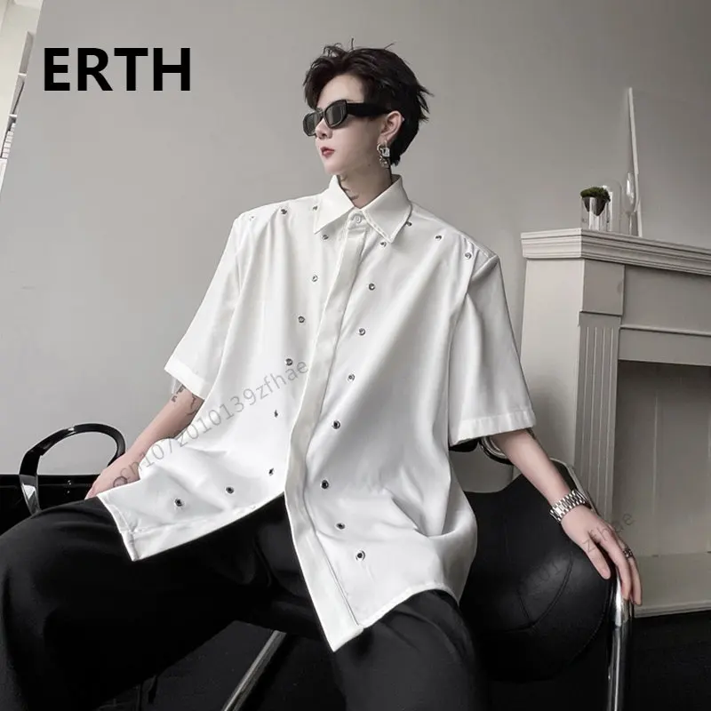 

Рубашка ERTH мужская с отложным воротником, однотонная блуза свободного покроя с короткими рукавами, с металлическими отверстиями, в Корейск...