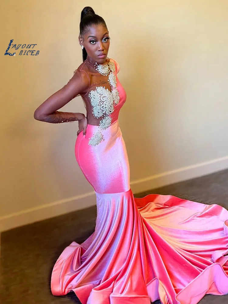 

LAYOUT NICEB Long Sleeves Pink Velvet Mermaid Prom Dresses 2022 with Train High Neckline Beading Evening Gowns