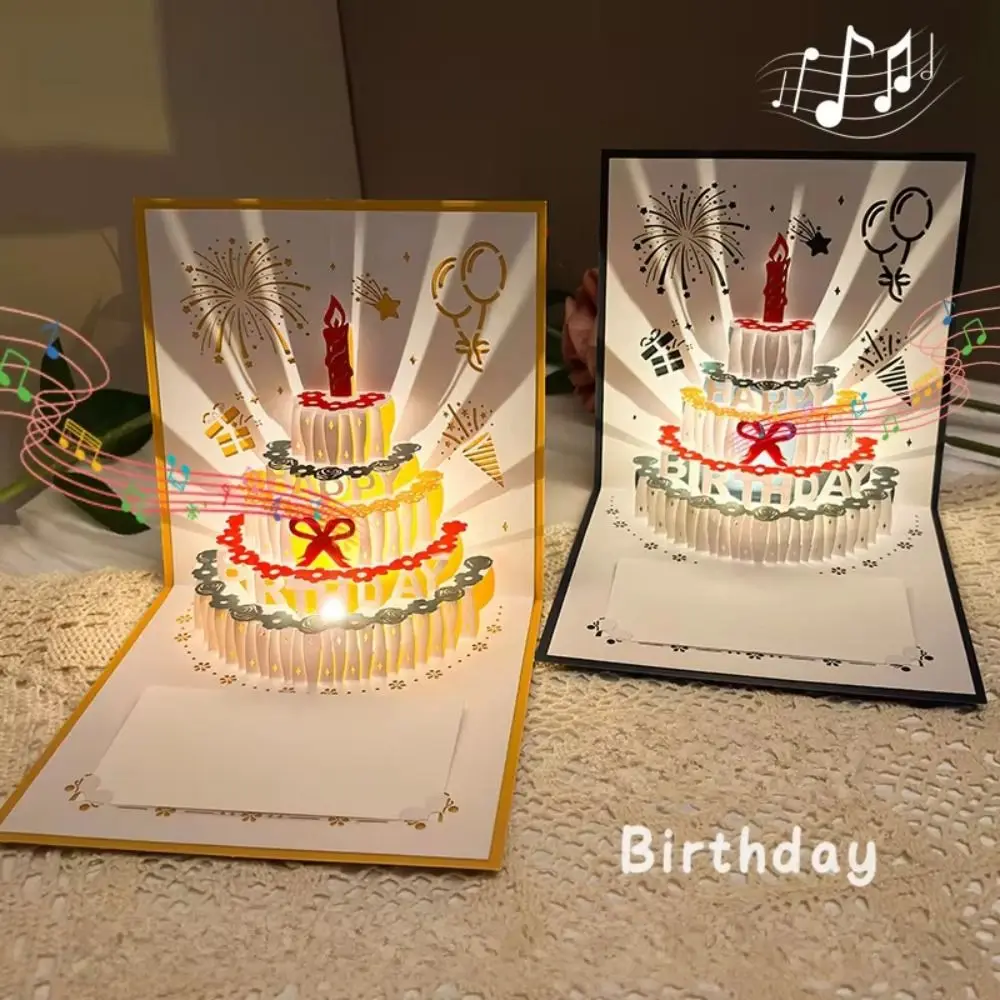 Фото Музыкальная светящаяся 3D-открытка с выпрыгивающим тортом на день рождения, складная, с конвертом, светящаяся поздравительная открытка-торт №4