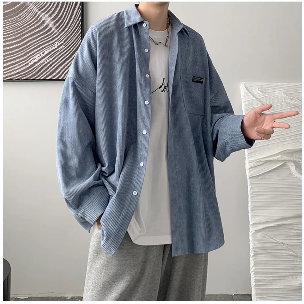 

Japanese Men Shirts Corduroy Solid Color Casual Men Shirts Long Sleeve Vintage Male Cardigan Loose Fashion Blouses Male Tops
