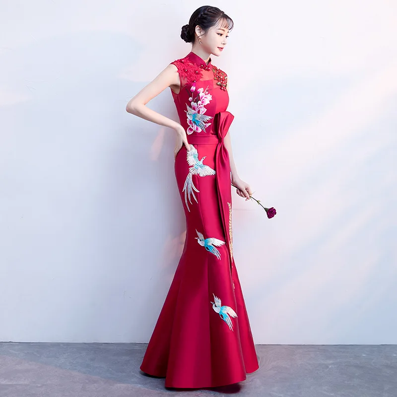 Elegant Mermaid Formal Party Dress Chinese Style Satin Celebrity Banquet Qipao Cheongsam Embroidery Applique Vestidos