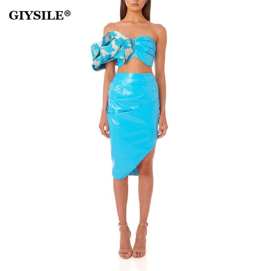 GIYSILE 2022 Sexy Jacquard Bandage Skirt Suit Women Summer Strapless Crop Top Ruched Leather 2 Piece Set Female Evening Outfits