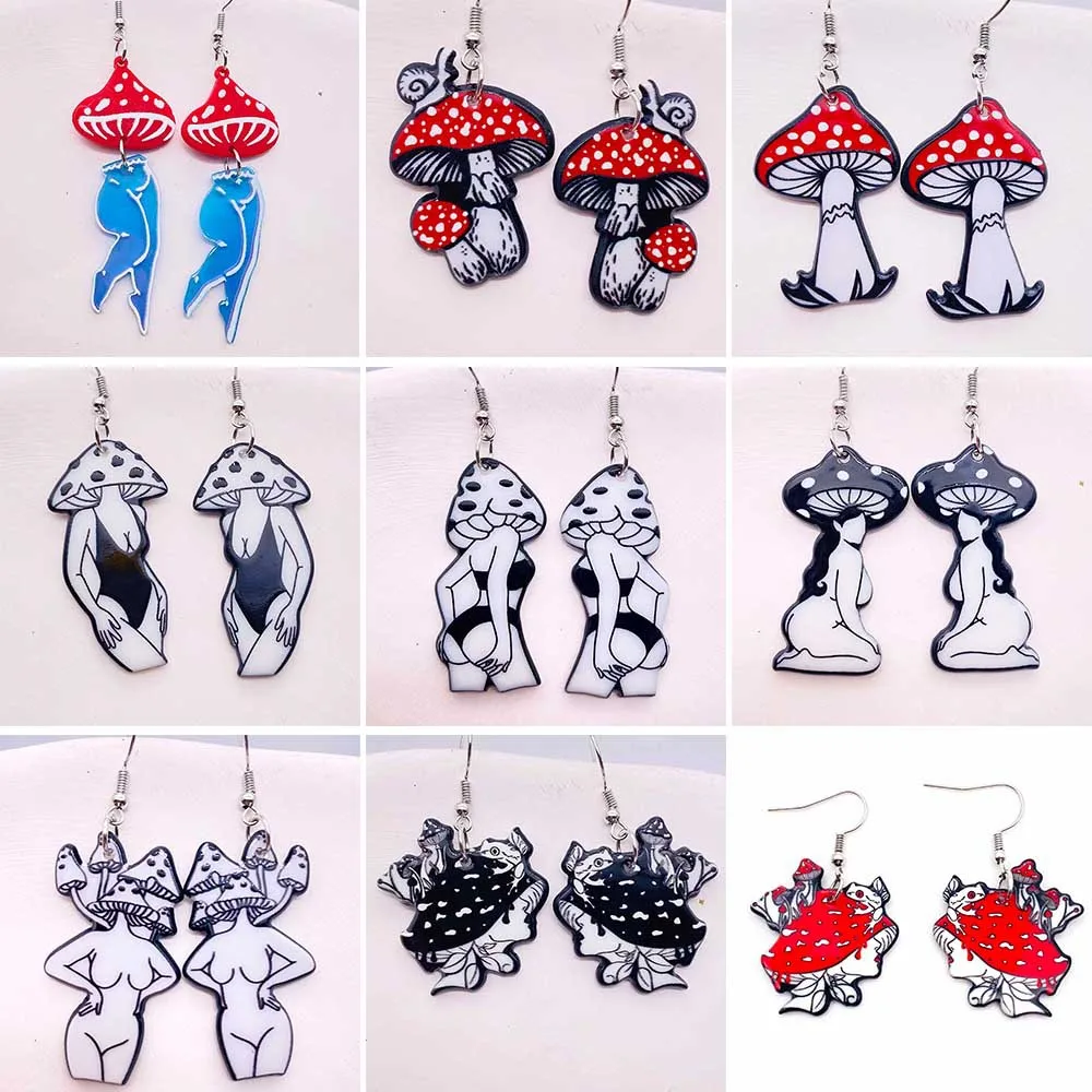 

New Mushroom Long Leg Earrings Cartoon Bikini Character Mushroom Girl Pendant Acrylic Earrings