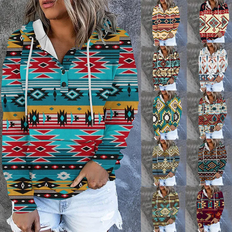 2023 Autumn and Winter Top Women's Western Ethnic Print Sweater Coat Female Fashion Long Sleeve Tops Lady Clothing