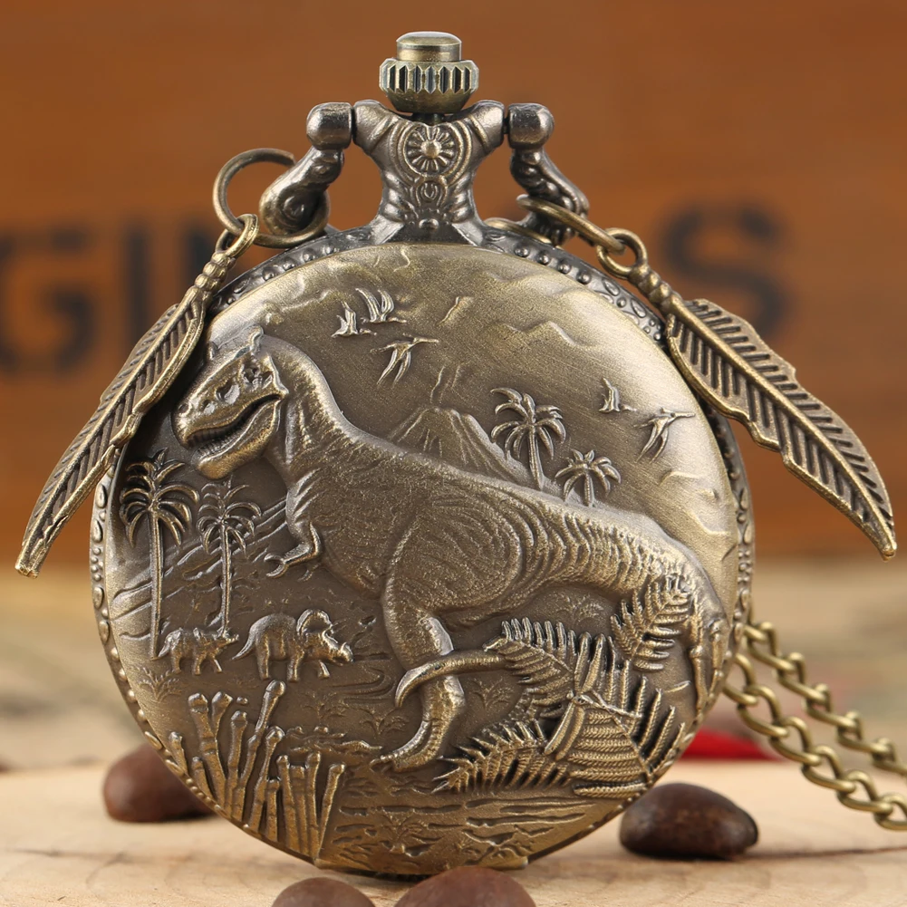 

Bronze Jurassic Forest Dinosaur Analog Quartz Pocket Watch Necklace Pendant Clock Gifts for Kids Men Women