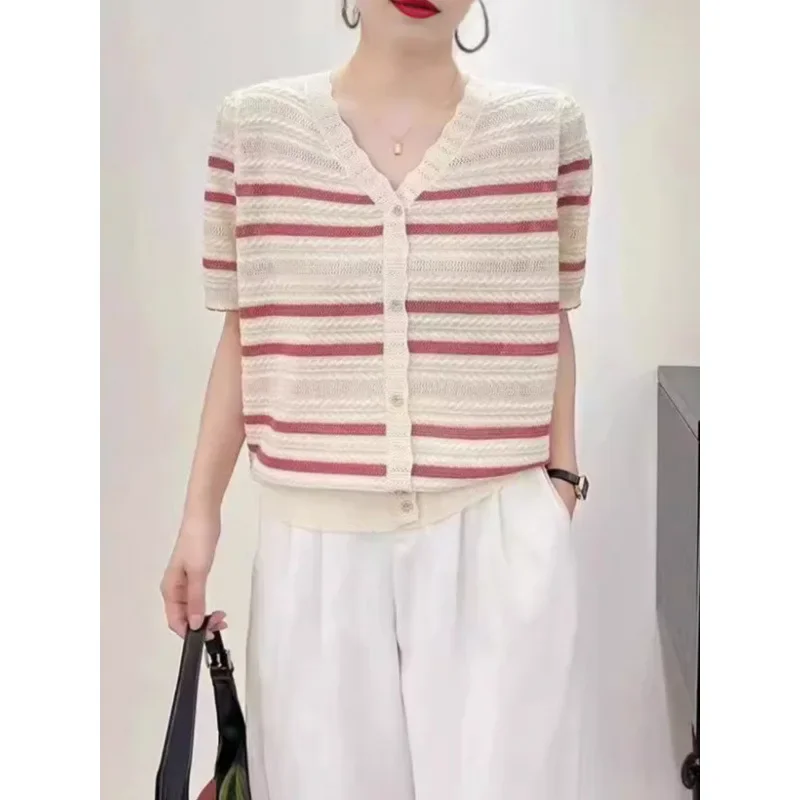 Искусственный кардиган из ледяного шелка с v-образным вырезом полосатый вязаный