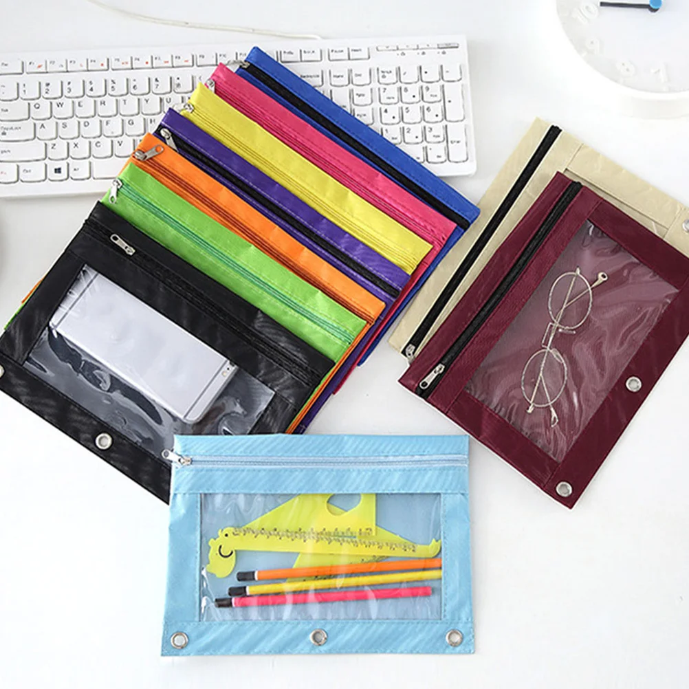 

Loose Leaf Stationery Bag Zipper Binder Clips Pocket Pouch 3 Rings Cards Holder Pens Cloth Clear Office File