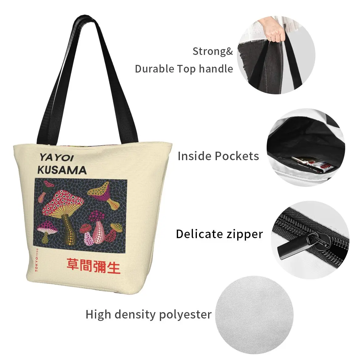 Пользовательские Yayoi Kusama Mushroom Эстетическая холщовая сумка для покупок Женская