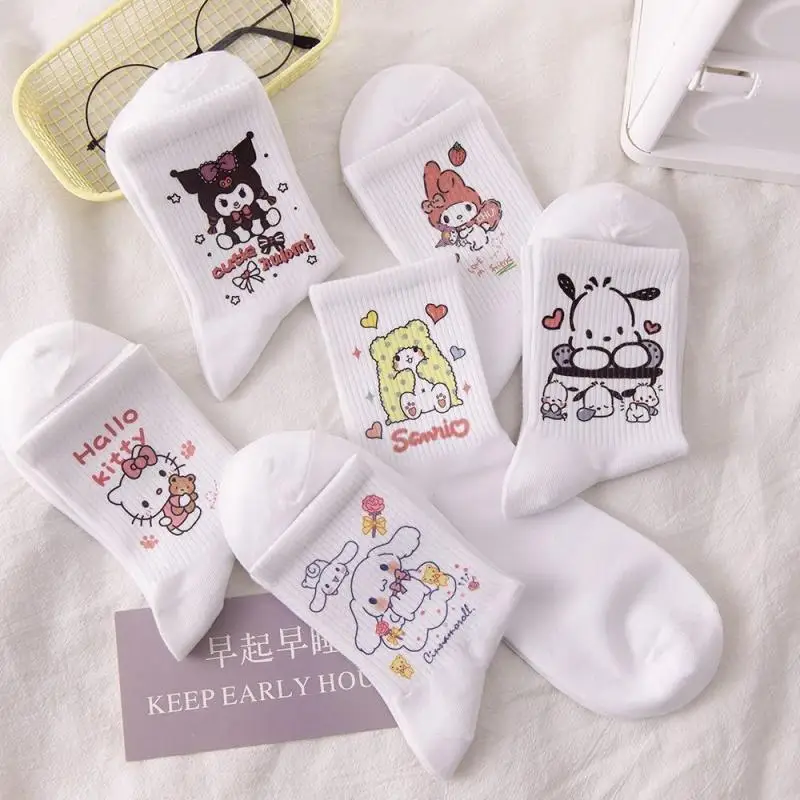 Kawaii Sanrio Hello Kitty Cinnamoroll Pochacco хлопковые носки средней длины впитывающие пот дышащие