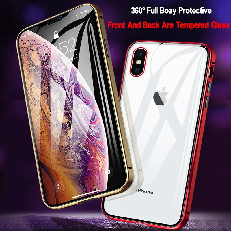 Металлический магнитный стеклянный чехол для iPhone 15 14 13 12 11 7 8 XR XS Pro Max Mini Plus 360
